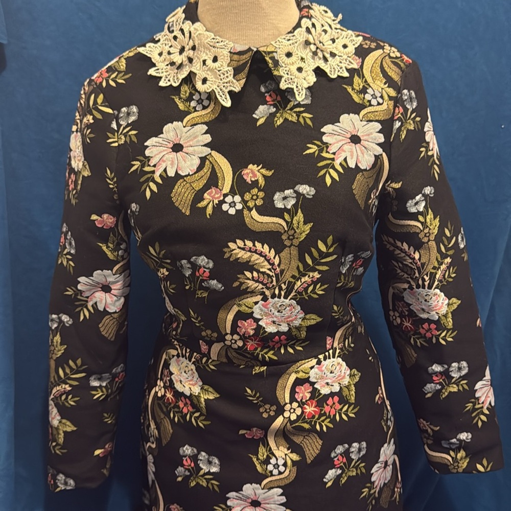Asos size 4 Floral Black Dress with Lace Collar zip up back like new